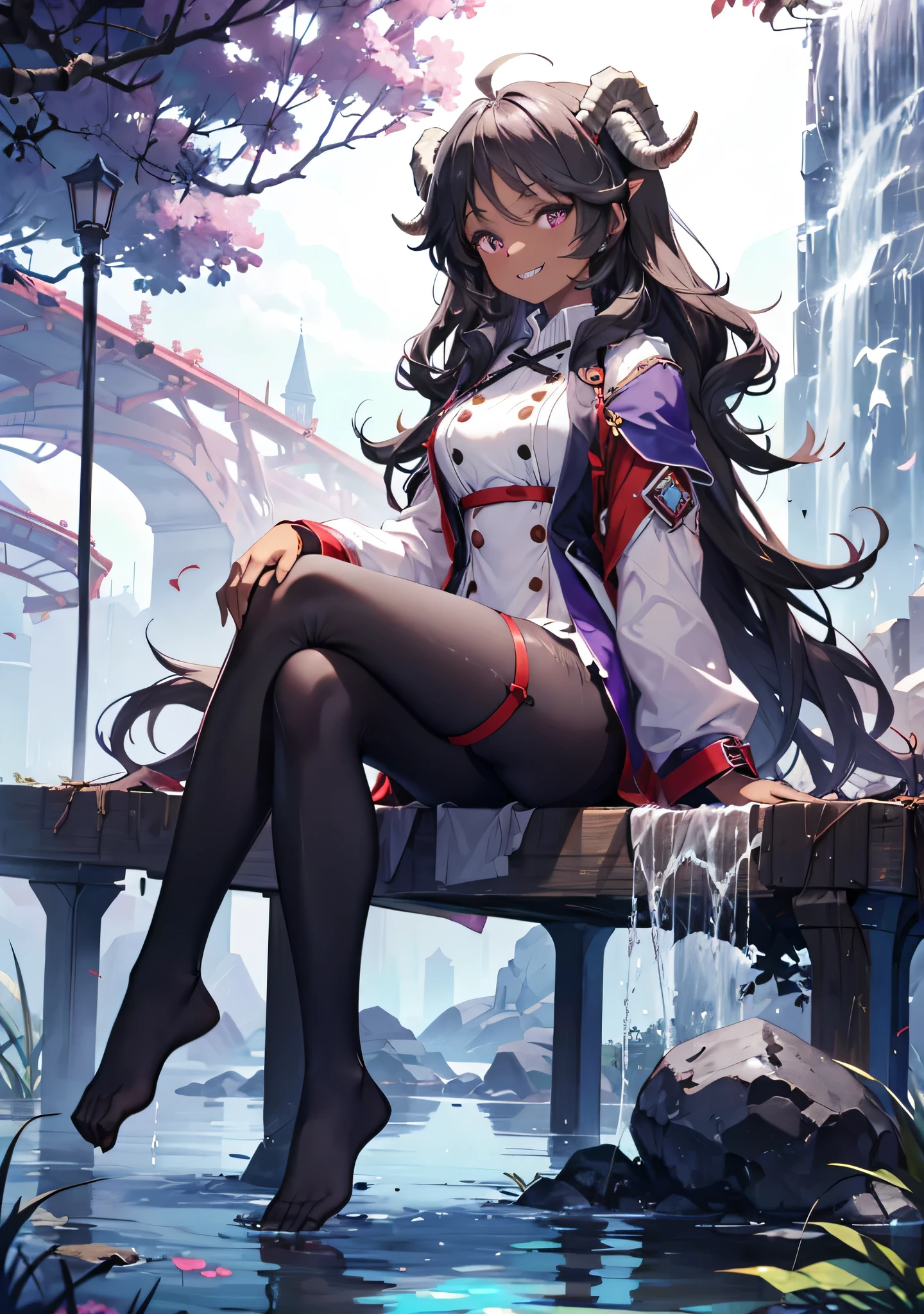 Dark-skinned female characters，(Extremely refined:1.5),1 Girl, sitting in water，Purple Eyes， The head has jet-black goat horns，Black Hair，Long curly hair，Sharp teeth，Smile，Tiger Teeth，Foot washing，Pantyhose，No shoes，ethereal and graceful