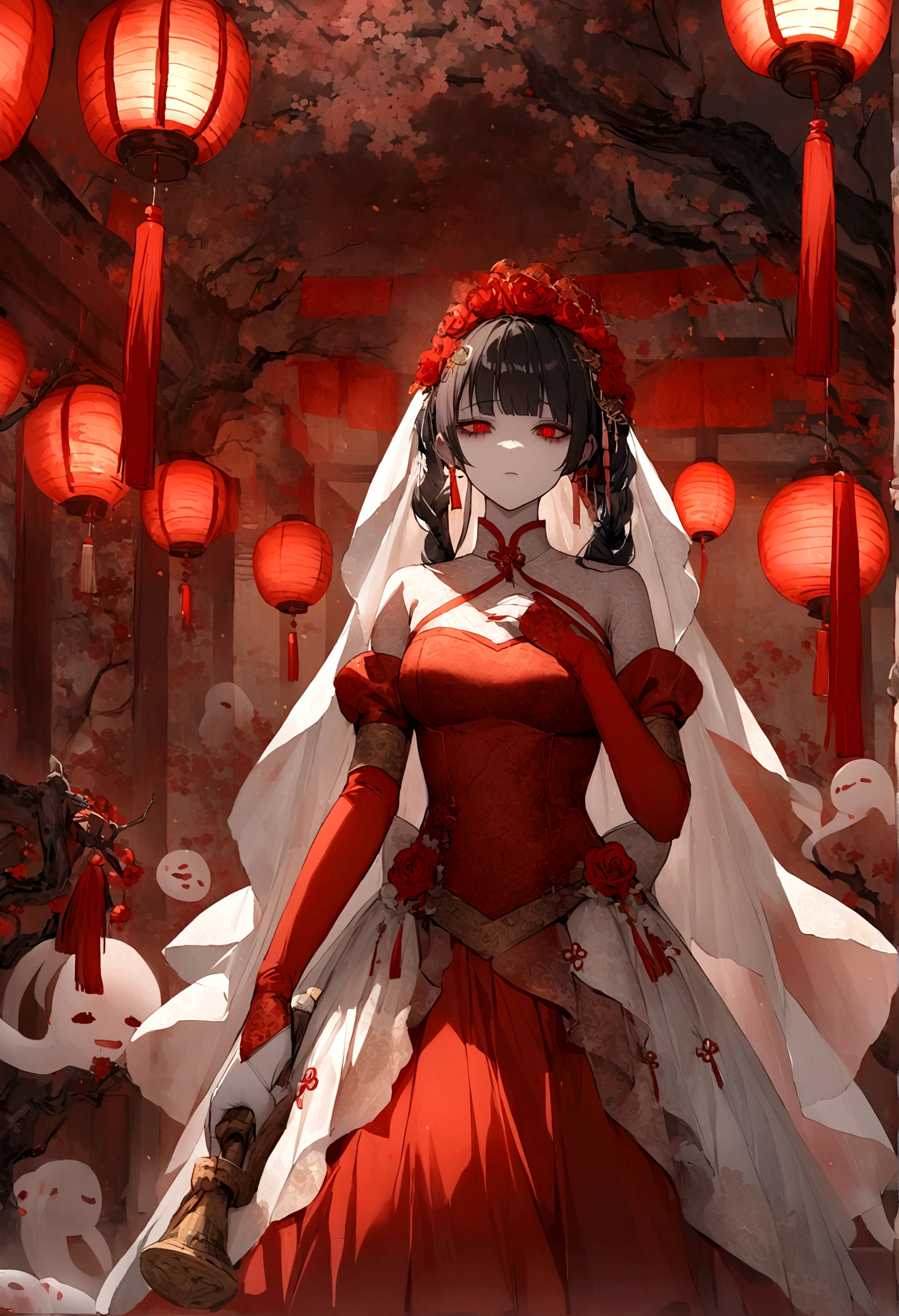 ((Chinese style))，Horror atmosphere，Bride in Red，net，wedding,Ghost Bride，Gloomy face，Red Lantern，White candles，Chinese Architecture，Black Hair