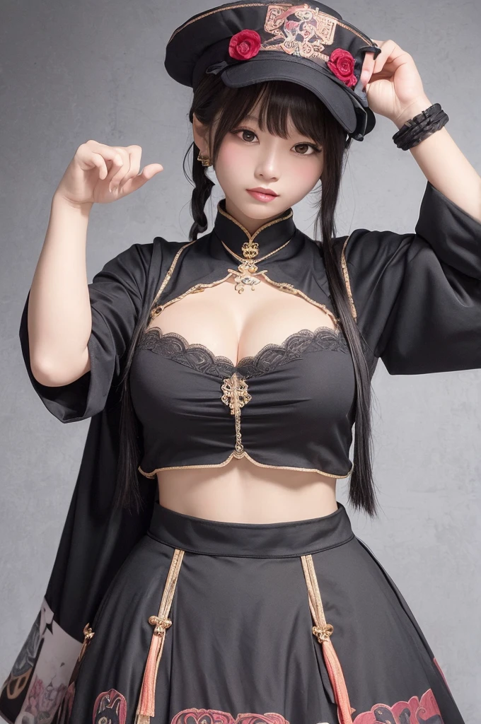 (masterpiece, best quality, best quality, Official Art, aesthetics :1.2), (1 Muscle Buddha :1.3), (Fractal Art :1.3), best quality, Ultra-high resolution, (Reality:1.4), 1 Girl, off-shoulder black shirt, skirt, Black necklace, (Faded gray hair:1), Slim, (Huge breasts:1), Looking at the audience, Close-up jsll, 一个娃娃穿着一件蓝色的skirt，Wearing a hat