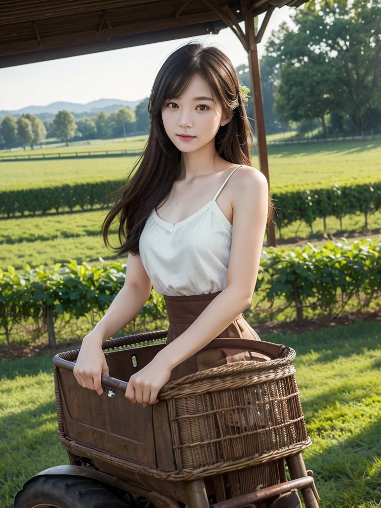 Agricultural tractor、(Highest quality)、((Very detailed))、4K、(8K)、masterpiece、Very detailedな、Highest quality、Super Resolution、1 person、Kind Face、Soft Light、RAW quality、Soft Skin、163cm、30 years old、whole body