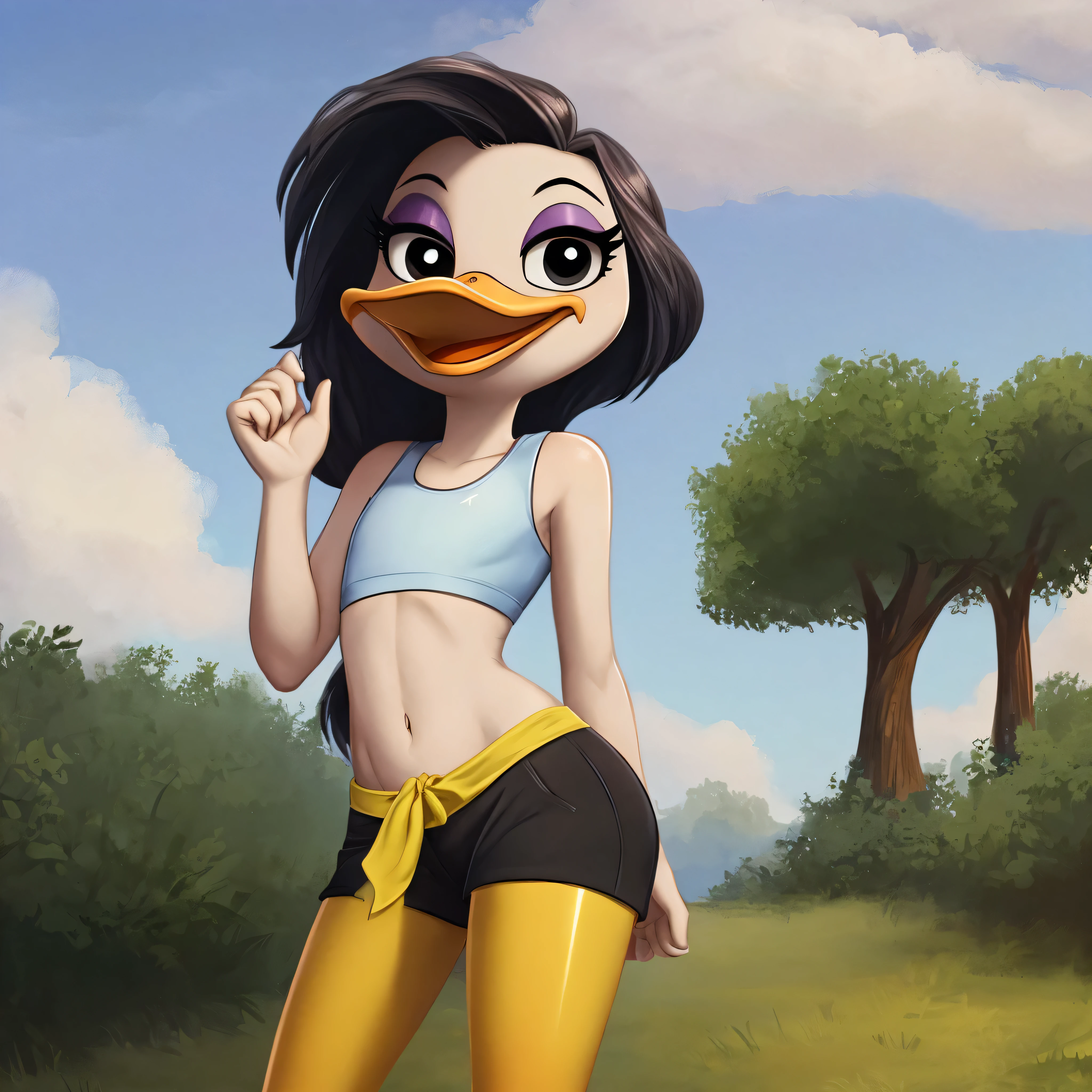 April Duck, female, white long hair, (yellow legs: 1.4), short duck beak, wears grey sports bra, tight grey shorts, happy, smiling, (detailed white skin 1.3), (flat chested), eyeshadow, black eyes, scut tail, cartoon (ducktales: 1.2), 10k hd, Best detail, eyeliner, beak, (detailed torso 1.5) standing, solo:1.2, happy, smiling (lovable attitude), duck, beak, eyeliner, black eyes, (outside), (looking at viewer), (sexy pose) (showing her torso at viewer)