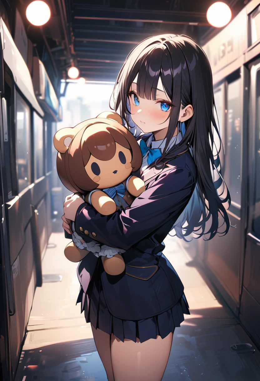 1 girl, long hair, black hair, straight hair, short bangs above brows, blue eyes, hugging object, doll
BREAK (masterpiece), (high resolution 8K), cinematic lighting, professional lighting, detailed eyes and face, detailed body, 
BREAK blazer, blue bowtie, pleated skirt,