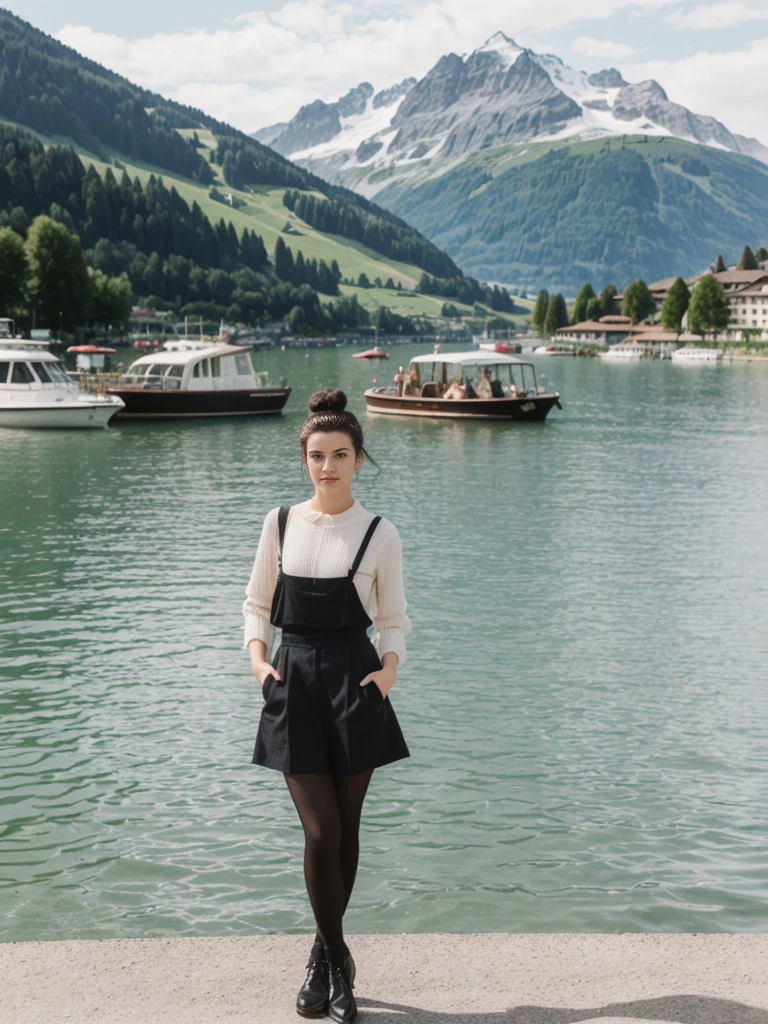 her name is Amelie, high quality, 1girl, ((20-year-old fit Caucasian woman)), ((20 years old)), ((fit)), ((Half-Up Bun dark hair)), pose: standing, wearing stylish fashionable Generation-Z modern wear dark colored, BACKGROUND:"At Lake Zurich, with the Swiss Alps in the background and picturesque boats sailing on the lake."
