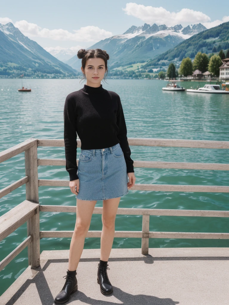 her name is Amelie, high quality, 1girl, ((20-year-old fit Caucasian woman)), ((20 years old)), ((fit)), ((Half-Up Bun dark hair)), pose: standing, wearing stylish fashionable Generation-Z modern wear dark colored, BACKGROUND:"At Lake Zurich, with the Swiss Alps in the background and picturesque boats sailing on the lake."