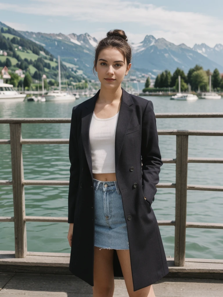her name is Amelie, high quality, 1girl, ((20-year-old fit Caucasian woman)), ((20 years old)), ((fit)), ((Half-Up Bun dark hair)), pose: standing, wearing stylish fashionable Generation-Z modern wear dark colored, BACKGROUND:"At Lake Zurich, with the Swiss Alps in the background and picturesque boats sailing on the lake."