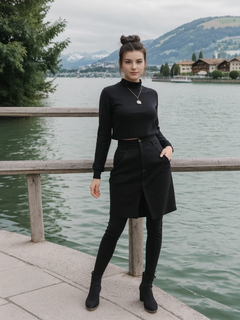 her name is Amelie, high quality, 1girl, ((20-year-old fit Caucasian woman)), ((20 years old)), ((fit)), ((Half-Up Bun dark hair)), pose: standing, wearing stylish fashionable Generation-Z modern wear dark colored, BACKGROUND:"At Lake Zurich, with the Swiss Alps in the background and picturesque boats sailing on the lake."