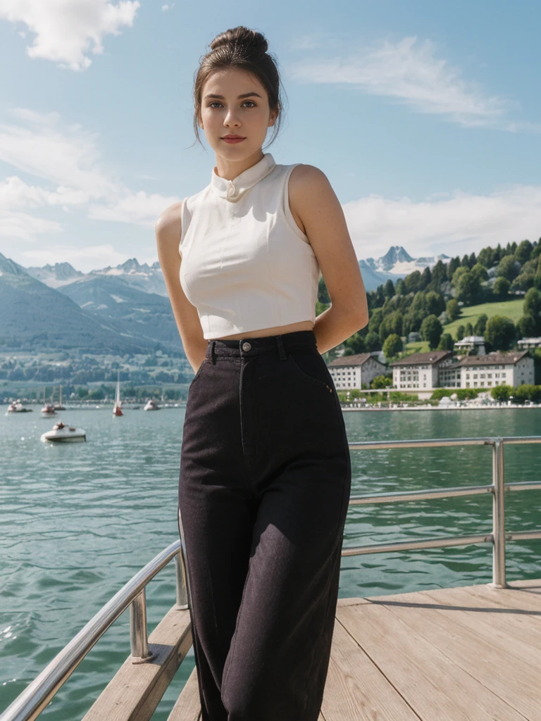 her name is Amelie, high quality, 1girl, ((20-year-old fit Caucasian woman)), ((20 years old)), ((fit)), ((Half-Up Bun dark hair)), pose: standing, wearing stylish fashionable Generation-Z modern wear dark colored, BACKGROUND:"At Lake Zurich, with the Swiss Alps in the background and picturesque boats sailing on the lake."