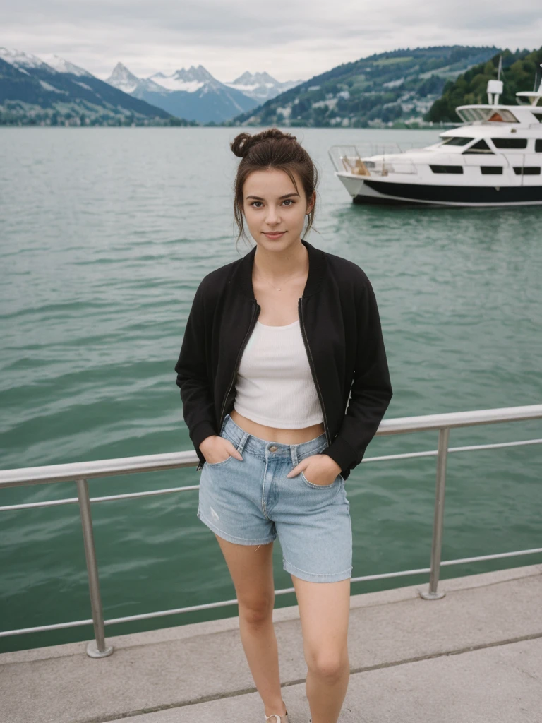 her name is Amelie, high quality, 1girl, ((20-year-old fit Caucasian woman)), ((20 years old)), ((fit)), ((Half-Up Bun dark hair)), pose: standing, wearing stylish fashionable Generation-Z modern wear dark colored, BACKGROUND:"At Lake Zurich, with the Swiss Alps in the background and picturesque boats sailing on the lake."