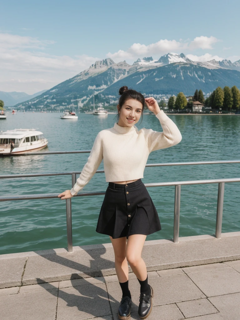 her name is Amelie, high quality, 1girl, ((20-year-old fit Caucasian woman)), ((20 years old)), ((fit)), ((Half-Up Bun dark hair)), pose: standing, wearing stylish fashionable Generation-Z modern wear dark colored, BACKGROUND:"At Lake Zurich, with the Swiss Alps in the background and picturesque boats sailing on the lake."