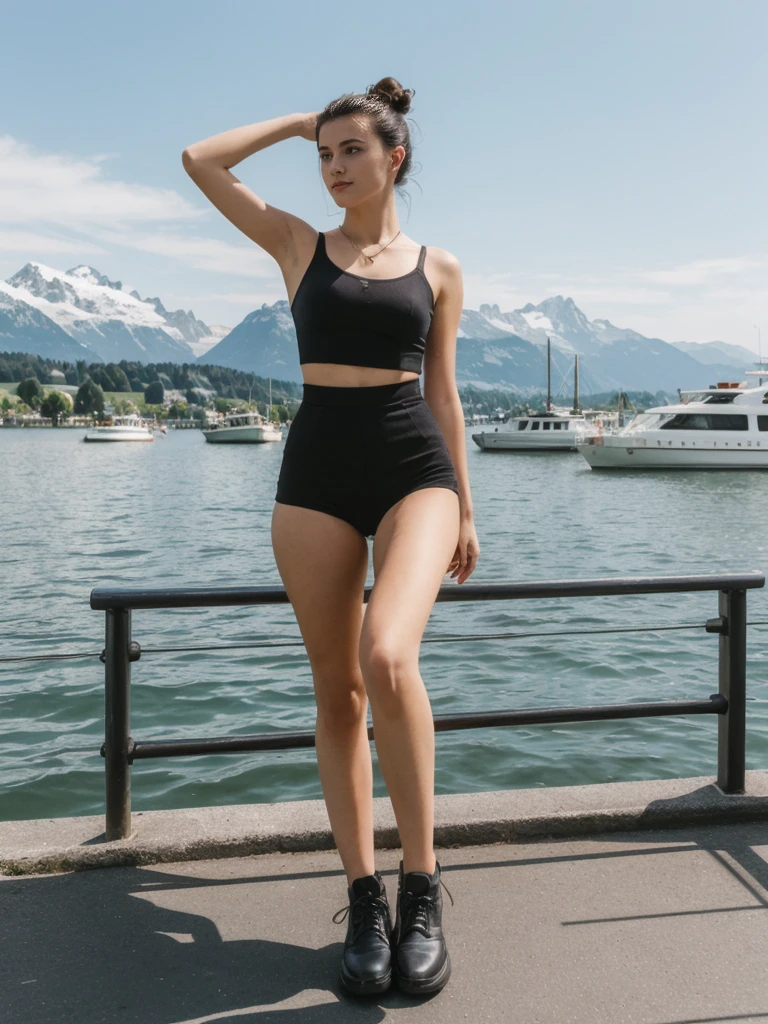 her name is Amelie, high quality, 1girl, ((20-year-old fit Caucasian woman)), ((20 years old)), ((fit)), ((Half-Up Bun dark hair)), pose: standing, wearing stylish fashionable Generation-Z modern wear dark colored, BACKGROUND:"At Lake Zurich, with the Swiss Alps in the background and picturesque boats sailing on the lake."