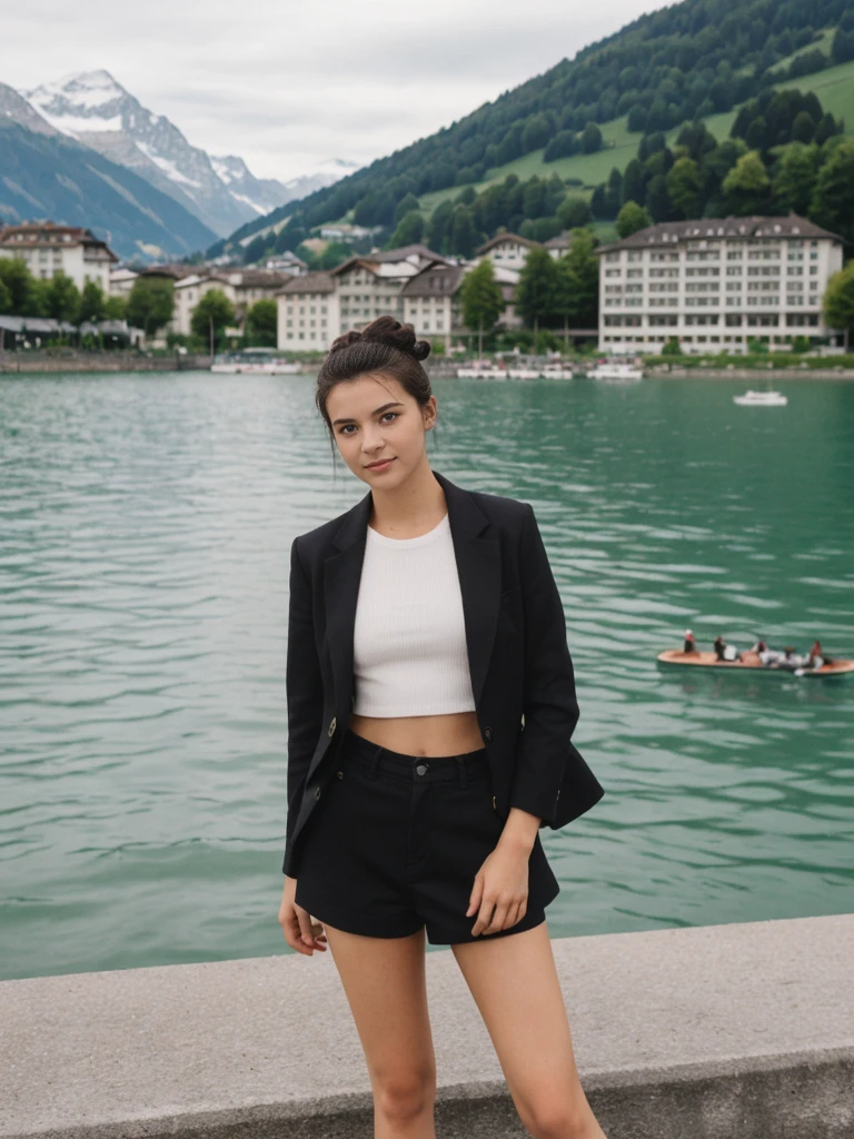 her name is Amelie, high quality, 1girl, ((20-year-old fit Caucasian woman)), ((20 years old)), ((fit)), ((Half-Up Bun dark hair)), pose: standing, wearing stylish fashionable Generation-Z modern wear dark colored, BACKGROUND:"At Lake Zurich, with the Swiss Alps in the background and picturesque boats sailing on the lake."