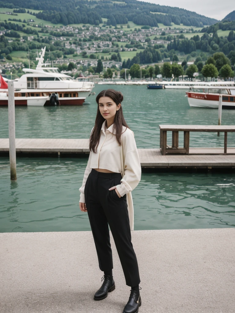 her name is Amelie, high quality, 1girl, ((20-year-old fit Caucasian woman)), ((20 years old)), ((fit)), ((Half-Up Bun dark hair)), pose: standing, wearing stylish fashionable Generation-Z modern wear dark colored, BACKGROUND:"At Lake Zurich, with the Swiss Alps in the background and picturesque boats sailing on the lake."