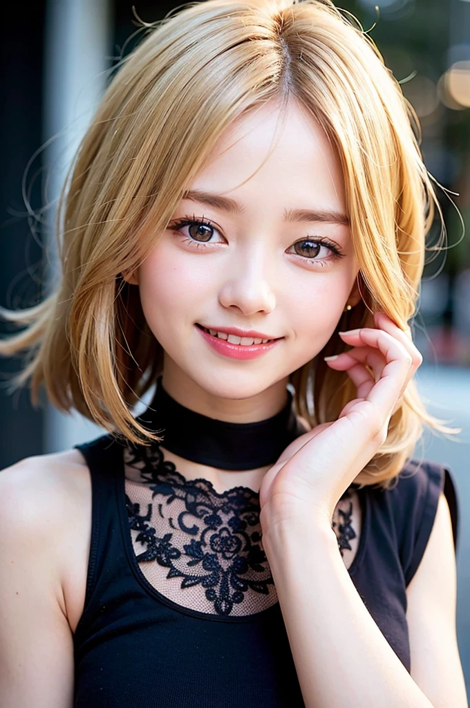 (8K, Raw photo:1.2), Detailed face and eyes,Best Quality, 超A high resolution, Highly detailed ,intricate detailes ,masutepiece ,Cute Girl , laughing, Soft cinematic light, Hyper-detailing,Sharp Focus, High quality, Blonde hair, bob cuts,   Blurred Background, Particles of light, Strong winds,