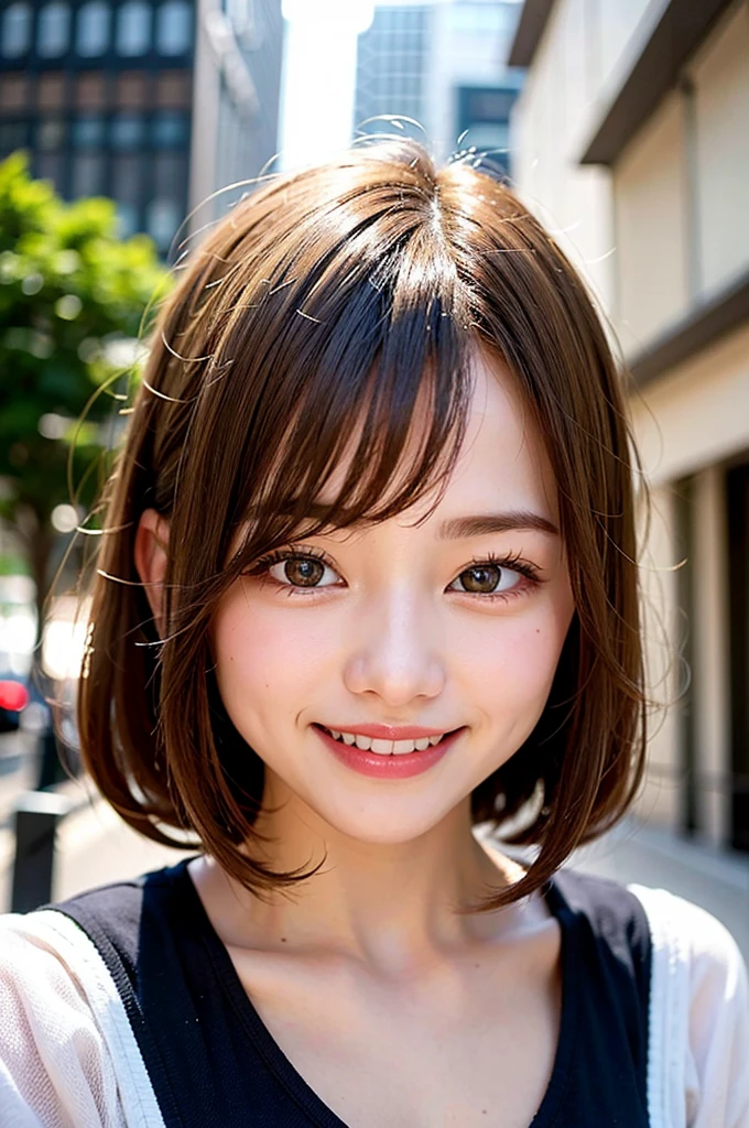 (8K, Raw photo:1.2), Detailed face and eyes,Best Quality, 超A high resolution, Highly detailed ,intricate detailes ,masutepiece ,Cute Girl , laughing, Soft cinematic light, Hyper-detailing,Sharp Focus, High quality, Blonde hair, bob cuts, Blurred Background, Particles of light, Strong winds,