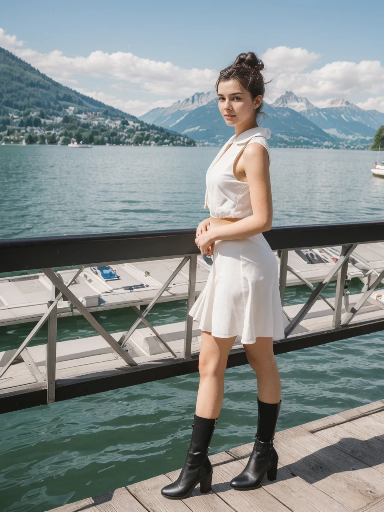 her name is Amelie, high quality, 1girl, ((20-year-old fit Caucasian woman)), ((20 years old)), ((fit)), ((Half-Up Bun dark hair)), pose: standing, wearing stylish fashionable Generation-Z modern wear dark colored, BACKGROUND:"At Lake Zurich, with the Swiss Alps in the background and picturesque boats sailing on the lake."