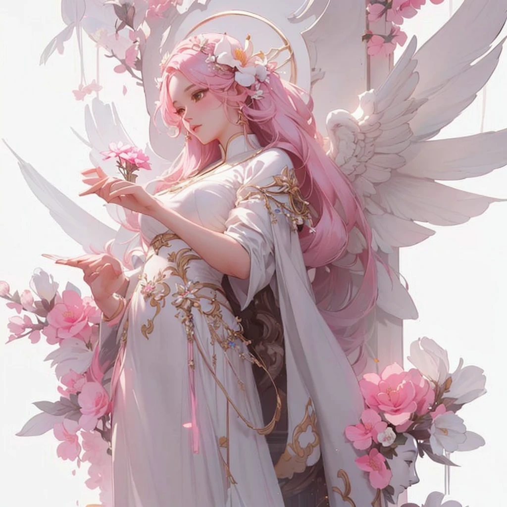 There is a statue of a woman holding a pink flower in her hand., Guweizu, 🌺 CGSociety, artwork in the style of Guweizu, heavenly fantasy, amazing young celestial figure, Guweizu masterpiece, by Russell Lu Dongjun, ros tran(ross tran)and WLOP, popular on cgstation, Subtle and dreamy, heavenly beauty, dreamy and detailed