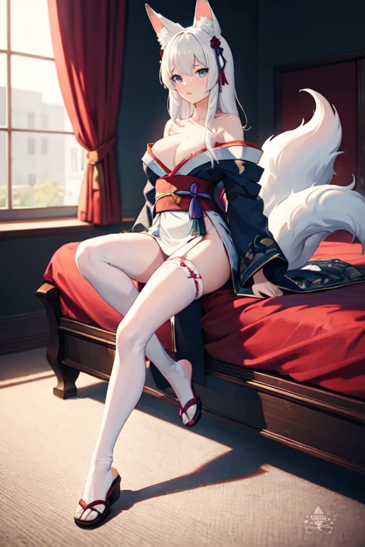 ((best quality)), ((masterpiece)), (detailed), Anime 18-year-old woman with white hair and blue eyes sitting on the bed, Fox tail，Fox ears，long hair ，headgear, Waist ornaments，Anime style 4k, Elegant light blue kimono,Over-the-knee lace white stockings，Off-shoulder, Best anime 4K wallpapers, Anime Art Wallpaper ，seductive posture，Cocked feet，whole body，Background white