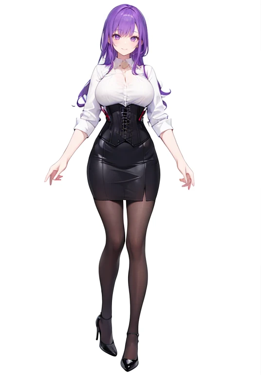 Purple hair,long hair,Adult female,Bartender,((Body harness)),((Rolling up your sleeves shirt)),(Corset),(skirt),(slit),High heels,((Simple background)),Smile,((Full body)),((whole body)),Character Sheet,