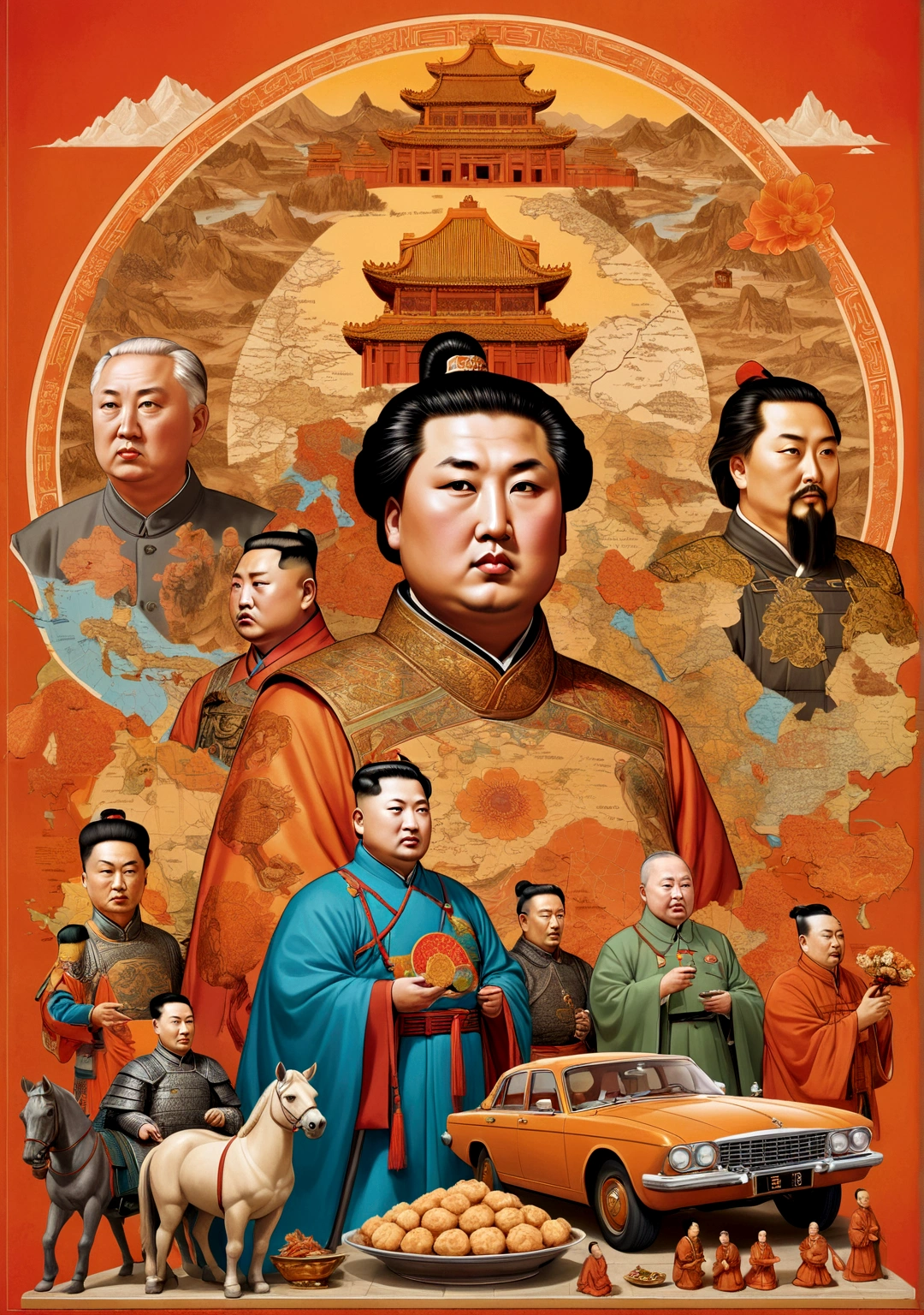 Prompt: "An artistic collage of famous historical leaders with symbolic elements: Alexander the Great with maps, Kim Jong-un with a toy car, Tsar Alexei Mikhailovich at a banquet, Emperor Qin Shi Huang with terracotta soldiers, and Emperor Ferdinand I with apricot dumplings. The background is a vibrant blend of historical and cultural motifs."
Size: "1024x1024"