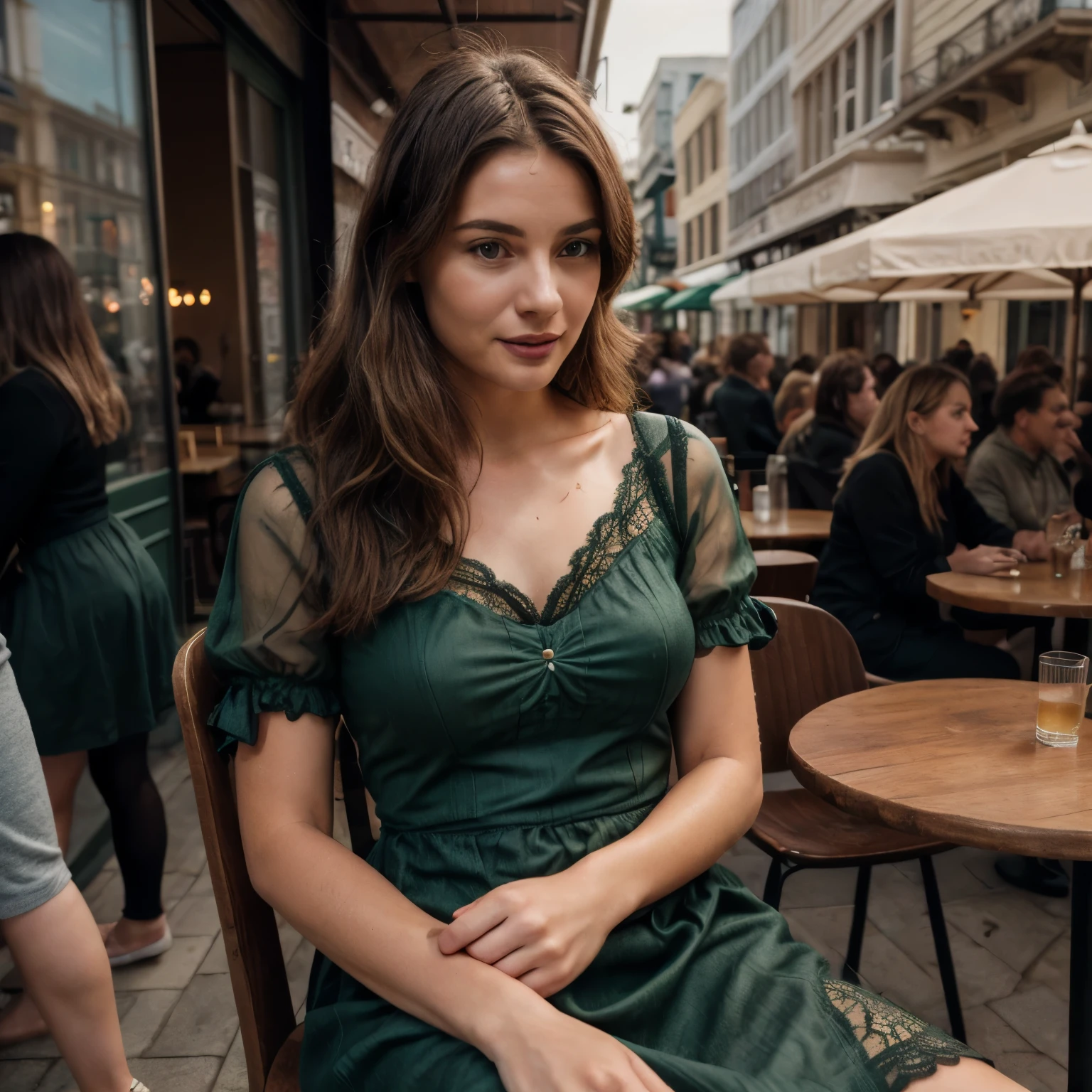 Best Quality, Masterpiece, Ultra High Resolution, (Realism: 1.4), Original Photo, 1woman slight smile blond LaGermania, sitting at a café in North Beach, San Francisco, 2024. She is wearing a 17th-century Baroque dress with a tightly laced bodice and a long, flowing skirt. The dress is made of sturdy wool and cotton, in deep green and brown tones, with simple yet elegant lace trim. Her hair is styled in loose waves, slightly damp and clinging to her face. The heavy fabric of her dress clings to her body, showing the weight and texture. The modern café setting with people in contemporary clothing provides a stark contrast to her historical attire. The bright afternoon light casts soft shadows, highlighting the intricate detailing on her dress. LaGermania's zurückhaltendes freundliches und direktes verführerisches lustvolles gut-gelaunt-lächeln adds a charming touch to the scene, creating a visually striking and humorous image that blends past and present.