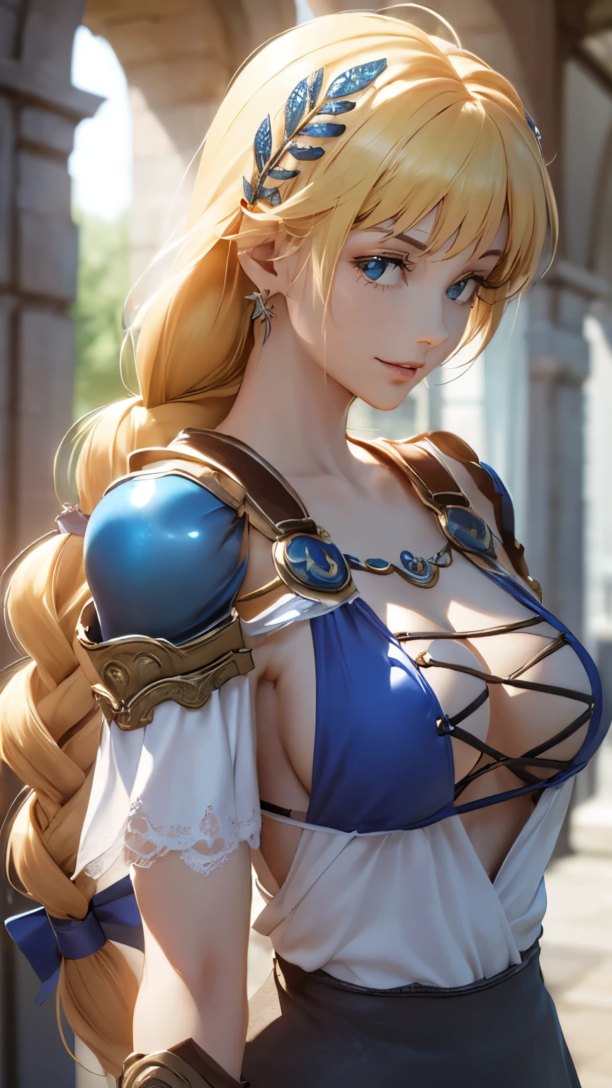 (masterpiece, Highest quality:1.3), Sophitia Alexandra, Soul Calibur, (Upper Body:1.5), 24-years-old, View your viewers, Golden Hair, Braid,  (Evil look:1.5), 