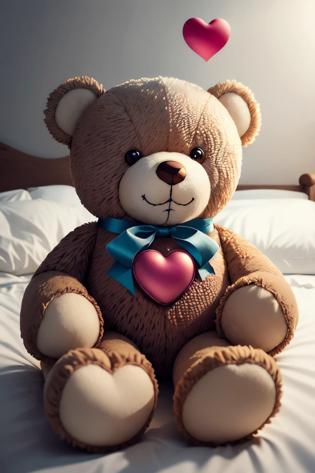  heart, Teddy bear, Ein Teddy bear sitzt auf dem Boden und hält ein heart vor sich