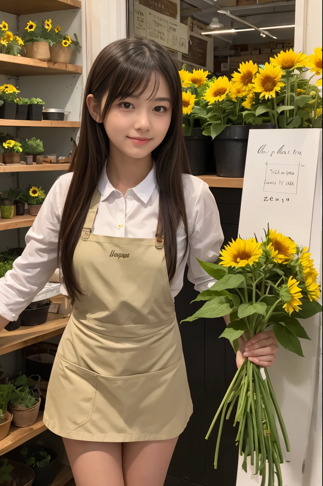 A 20-year-old girl working at a flower shop（Wearing a miniskirt and apron）have a sunflower