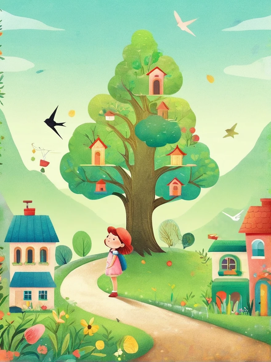 Digital illustration art，Funny illustration of a little girl，Many houses are decorated on the head，Trees，root，A little swallow waiting，她的头发由许多房屋和Trees组成，Green trees and hills in the background，(The background blends in with the little girl&#39;s hair)，Surround on both sides，Evoke the charm of charming rural scenery，White background，The Whimper of Chinese Calligraphy，Vivid Ferdinand du Puigactor Nizovtsev，retro tone，sparkling，Reflective，Best Numbers，8K，HD，high resolution，Double Exposure，Beautiful digital illustrations