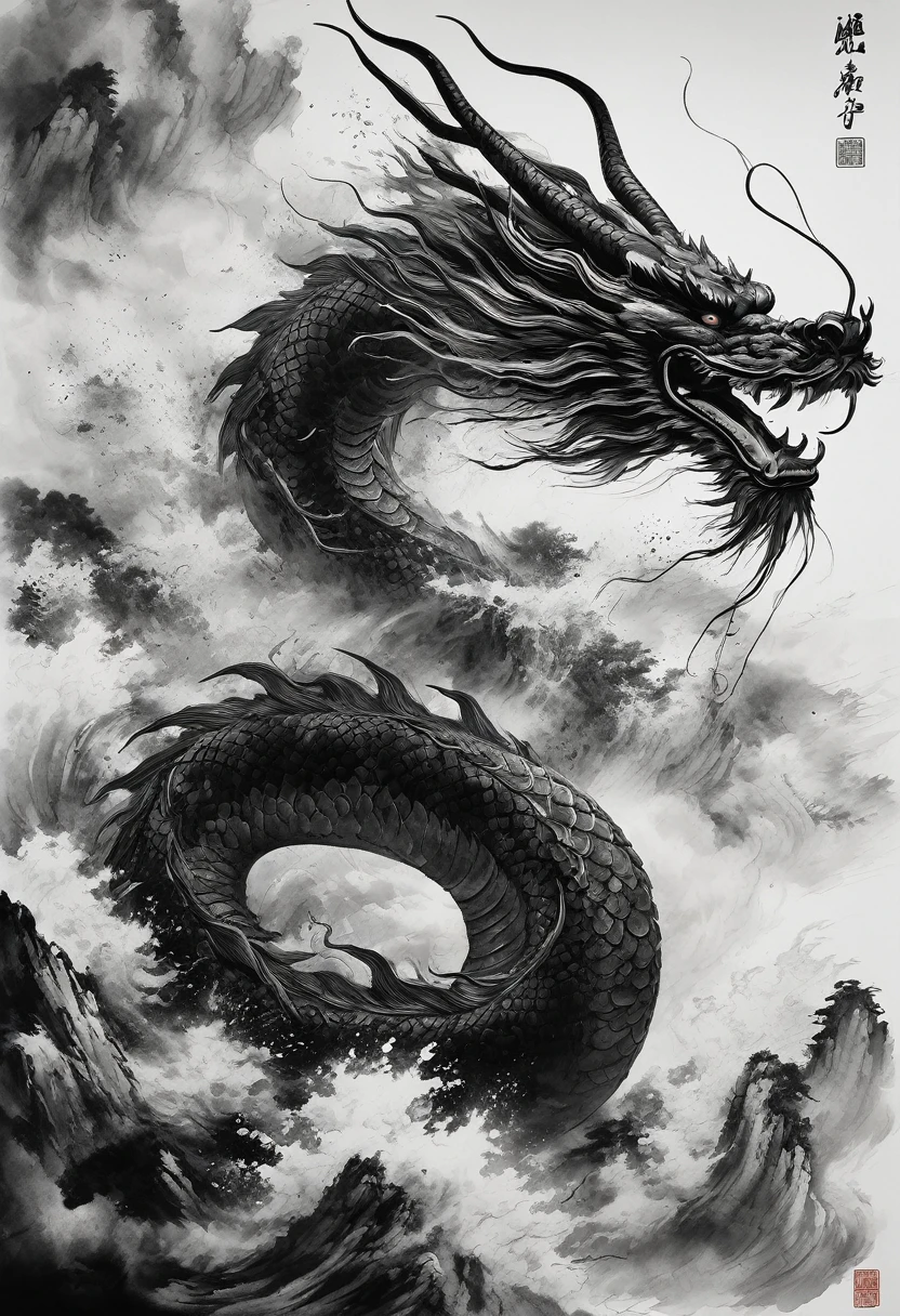 Epic ink shots,Front view,First Person,Head close-up,Huge Chinese dragon,Strong contrast,Tradition Chinese Ink Painting style,Exaggerated perspective,thrilling moment,8K,Simple style,Style Wu Guanzhong