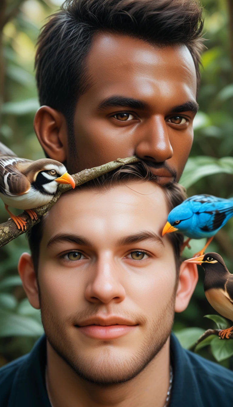 score_9, score_8_up, score_7_up, rating_save , Realistic handsome African men ,Mr. Jonah walks through the forest, marveling at the tall trees, colorful birds, and playful eys. The camera captures close-up shots of various plants and animals.