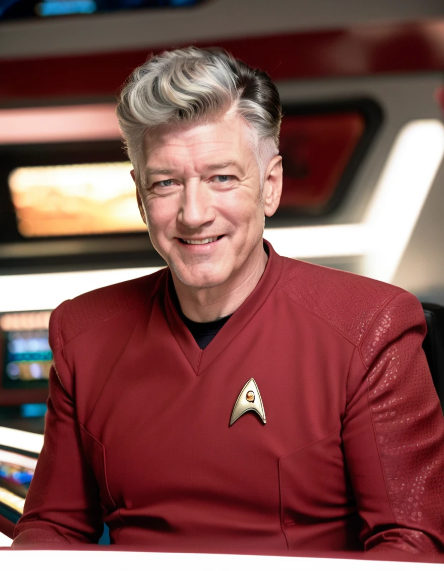 David Lynch in red stsnwunf uniform,on starship bridge, smiling, friendly,