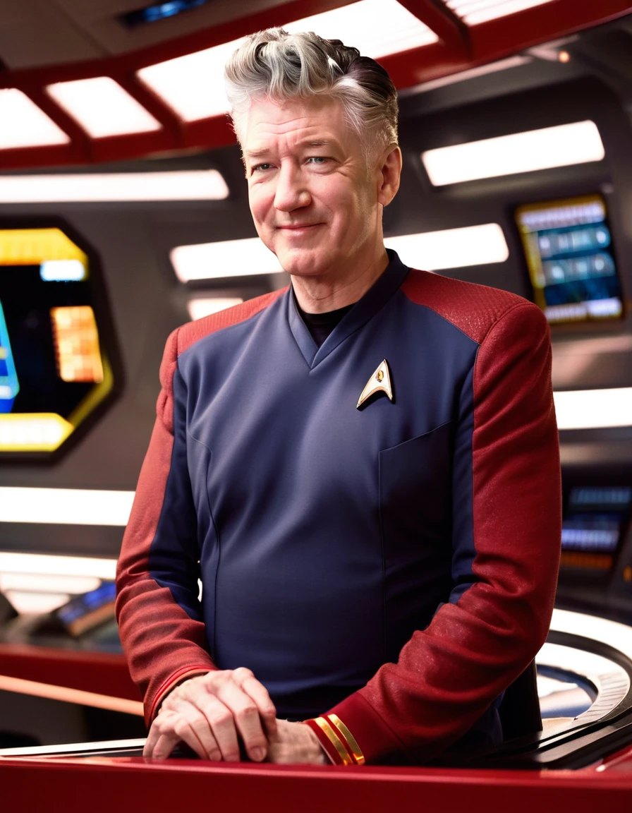 David Lynch in red stsnwunf uniform,on starship bridge, smiling, friendly,