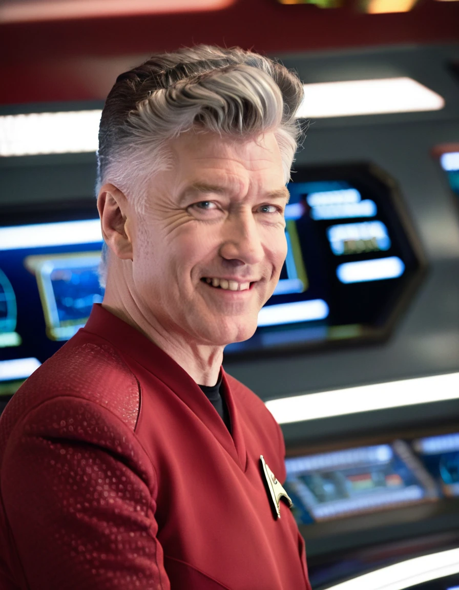 David Lynch in red stsnwunf uniform,on starship bridge, smiling, friendly,