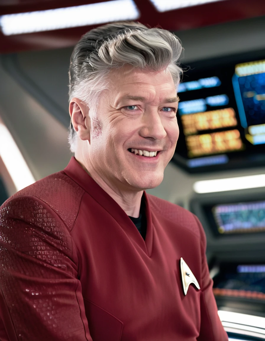 David Lynch in red stsnwunf uniform,on starship bridge, smiling, friendly,