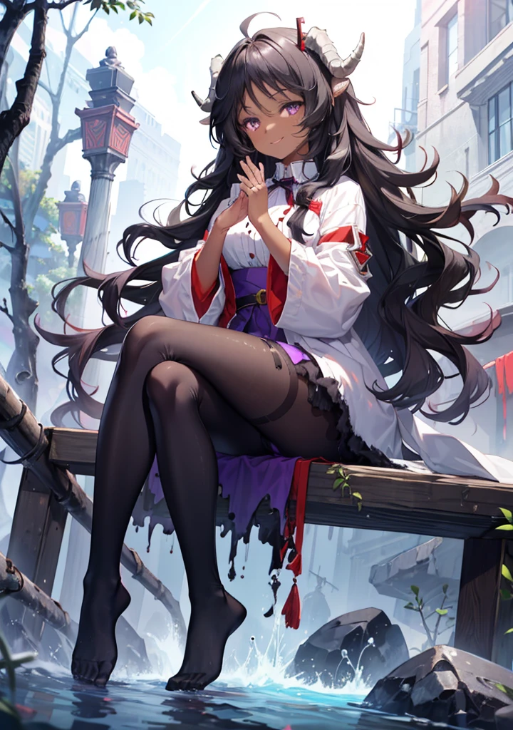 Dark-skinned female characters，(Extremely refined:1.5),1 Girl, sitting in water，Purple Eyes， The head has jet-black goat horns，Black Hair，Long curly hair，Smile，Two tiger teeth exposed，Foot washing，Pantyhose，No shoes，ethereal and graceful