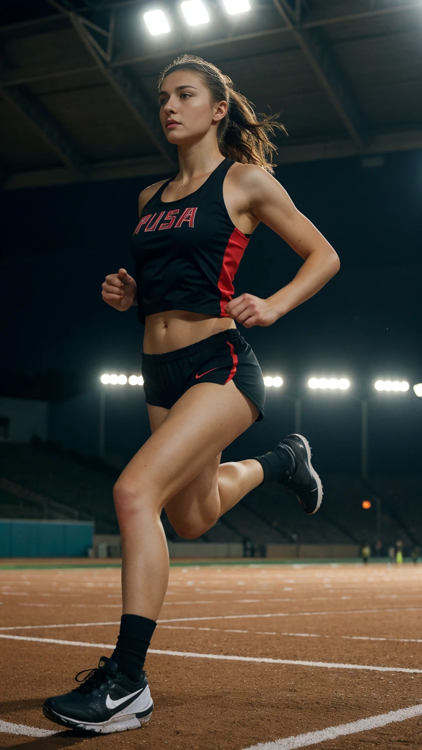 russian, beautiful mature college girl, ((athletic sports:1.2)), athletic sports wear, in stadium, track, ((a running figure)), very fast, motion blur, challenge, outside on track field, photorealistic, cinematic lighting, dark atmosphere, volumetric lighting, action pose, epic scene, nike advertising photography, just do it campaign,Show side view