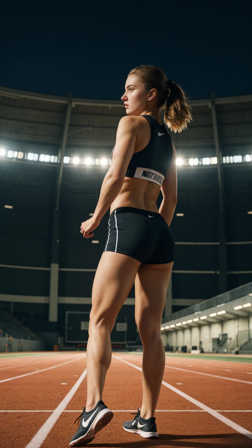 russian, beautiful mature college girl, ((athletic sports:1.2)), athletic sports wear, in stadium, track, ((a running figure)), very fast, motion blur, challenge, outside on track field, photorealistic, cinematic lighting, dark atmosphere, volumetric lighting, action pose, epic scene, nike advertising photography, just do it campaign,Show side view