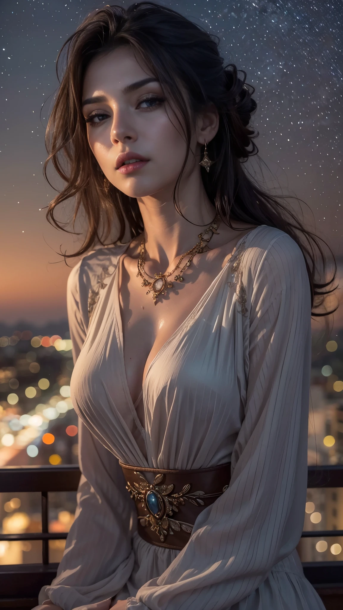 (32k:1.5, Highest quality, masterpiece, Ultra-high resolution), Professional camera work:1.6, Highly detailed skin and face textures:1.3, Captivating portrait:1.2, Very accurate, Very detailed, 1 adult female, ((Amazing night view from the rooftop:1.4, The moonlight at night illuminates my body)), (Satin Nightgown:0.7), Incredibly slim body, Sensual sitting position, sense of loss, Sadness, Expressions of sadness, (Big eyes that exude beautiful eroticism:0.4, Small face, A dreamy look:1.0, I love you with all my heart:0.8, Open your mouth a little, lipstick, Feel the beautiful eroticism:0.9), (Wet dark brown medium length hair), Candles, The chest is medium, Earrings, necklace, bracelet, (romantic, mysterious), Fair skin, elegant, Object of admiration, original, dramatic, Artistic, Innovative, Charm, Heartful, Fancy, sense of openness, sense of cleanliness, Special, exciting, Extreme, Tilt, ((Adult charm, Feminine charm, Hair blowing in the wind)