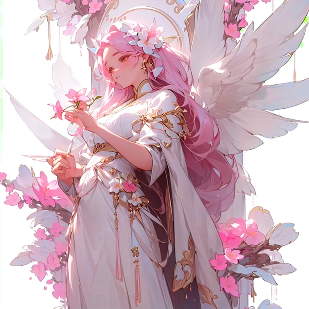 There is a statue of a woman holding a pink flower in her hand., Guweizu, 🌺 CGSociety, artwork in the style of Guweizu, heavenly fantasy, amazing young celestial figure, Guweizu masterpiece, by Russell Lu Dongjun, ros tran(ross tran)and WLOP, popular on cgstation, Subtle and dreamy, heavenly beauty, dreamy and detailed