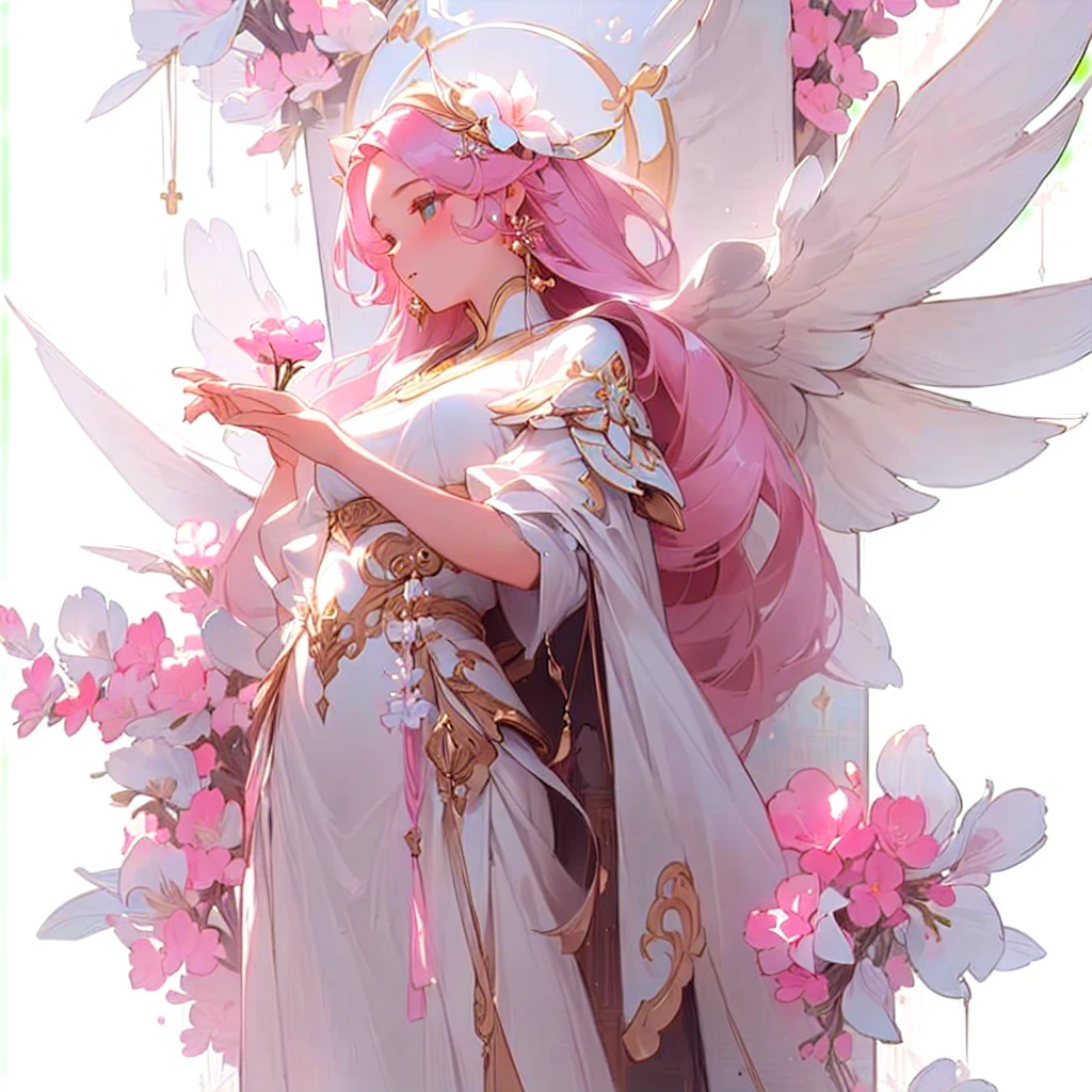 There is a statue of a woman holding a pink flower in her hand., Guweizu, 🌺 CGSociety, artwork in the style of Guweizu, heavenly fantasy, amazing young celestial figure, Guweizu masterpiece, by Russell Lu Dongjun, ros tran(ross tran)and WLOP, popular on cgstation, Subtle and dreamy, heavenly beauty, dreamy and detailed