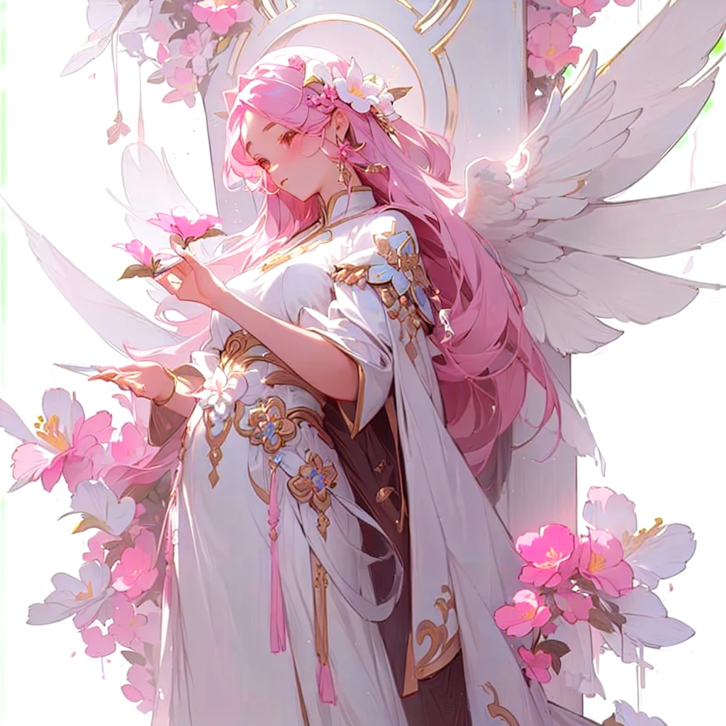 There is a statue of a woman holding a pink flower in her hand., Guweizu, 🌺 CGSociety, artwork in the style of Guweizu, heavenly fantasy, amazing young celestial figure, Guweizu masterpiece, by Russell Lu Dongjun, ros tran(ross tran)and WLOP, popular on cgstation, Subtle and dreamy, heavenly beauty, dreamy and detailed