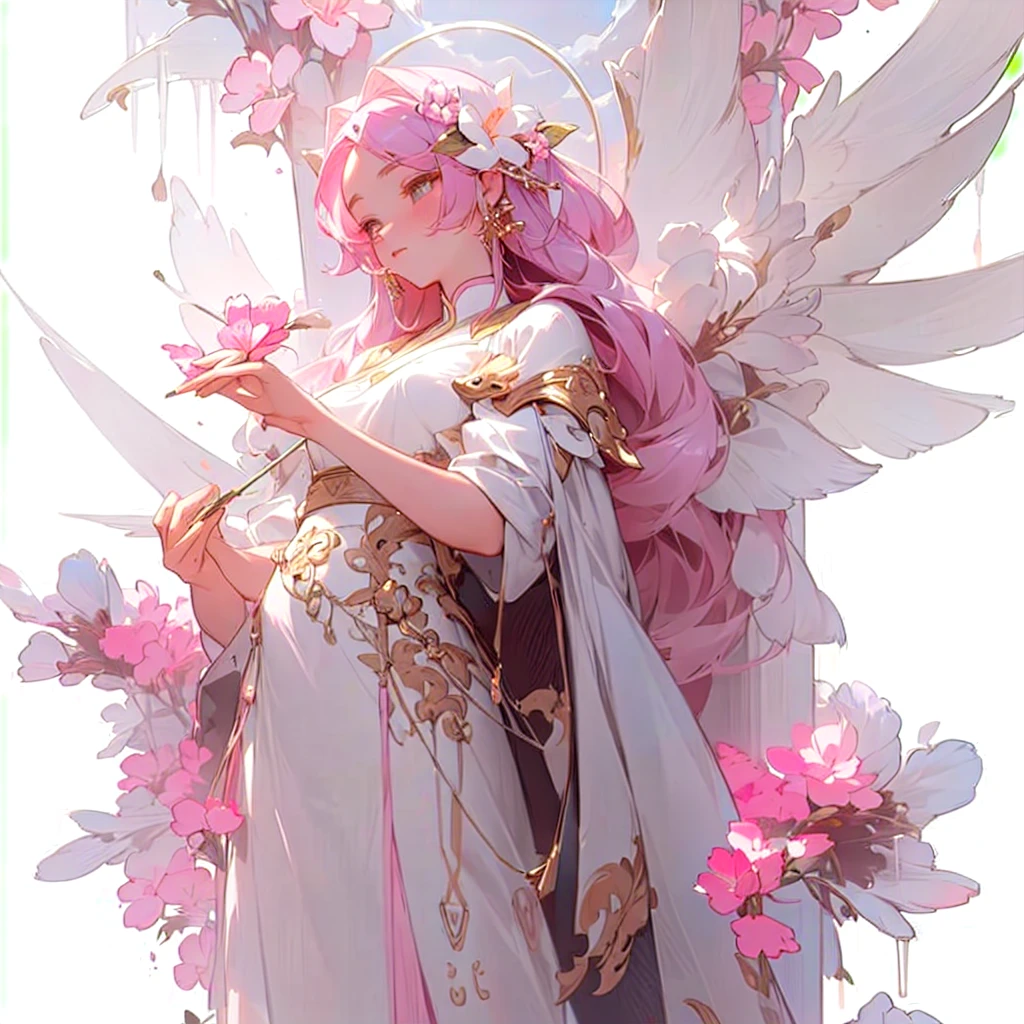 There is a statue of a woman holding a pink flower in her hand., Guweizu, 🌺 CGSociety, artwork in the style of Guweizu, heavenly fantasy, amazing young celestial figure, Guweizu masterpiece, by Russell Lu Dongjun, ros tran(ross tran)and WLOP, popular on cgstation, Subtle and dreamy, heavenly beauty, dreamy and detailed