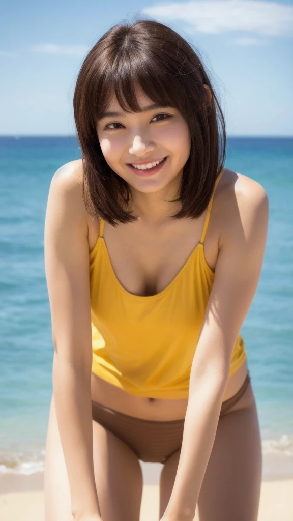 Real、Women's 1、hot pants、spread legs、camisole、clear、I have bangs.、Age 25、Mature、Medium Breast、sex appeal、Glowing Skin、((Highest quality, In 8K, masterpiece:1.3)), smile、Brown haired、(Blunt bangs:1.2)、、Maintain the original face proportions、Broad shoulders、Brown haired、Floating Hair、Lips、lipstick、誘惑的なsmile、Perm Hair、Floating Hair、Beach、Bright sunshine,Refreshing sky
