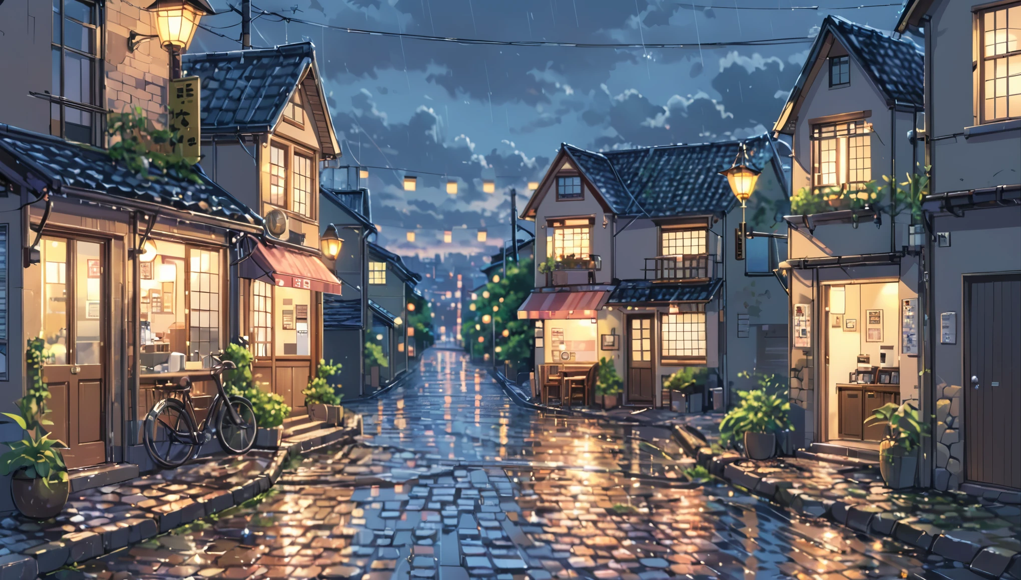((anime:1.4,illustration)),(masterpiece, top quality, best quality),(ultra-detailed, absolutely resolution),((16k, high res)), (((Rainy European streets、Cobblestones))), ((anime:1.4,illustration)),(masterpiece, top quality, best quality),(ultra-detailed, absolutely resolution),((16k, high res)). BREAK {lofi art, style of Laurie Greasley, style of Makoto Shinkai, anime aesthetic}, BREAK { (produces images with information than 40 million pixels with cinematic-like detailed textures shot on a Sony SLR).}