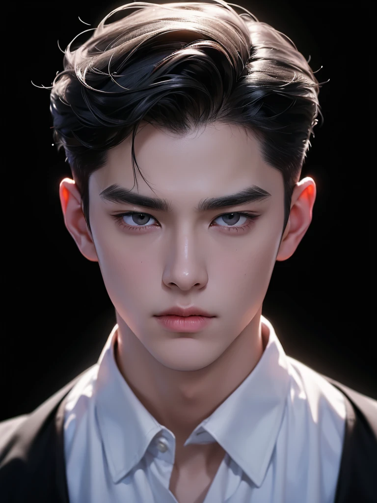 ((best quality, 8K, masterpiece: 1.3)), (sharp focus: 1.2), Korean Men, matchless, black hair, 뱀파이어처럼 엄청 White skin, Temptation, black shirt, black background, White skin, looking down, Asian face, Unpleasant facial expressions