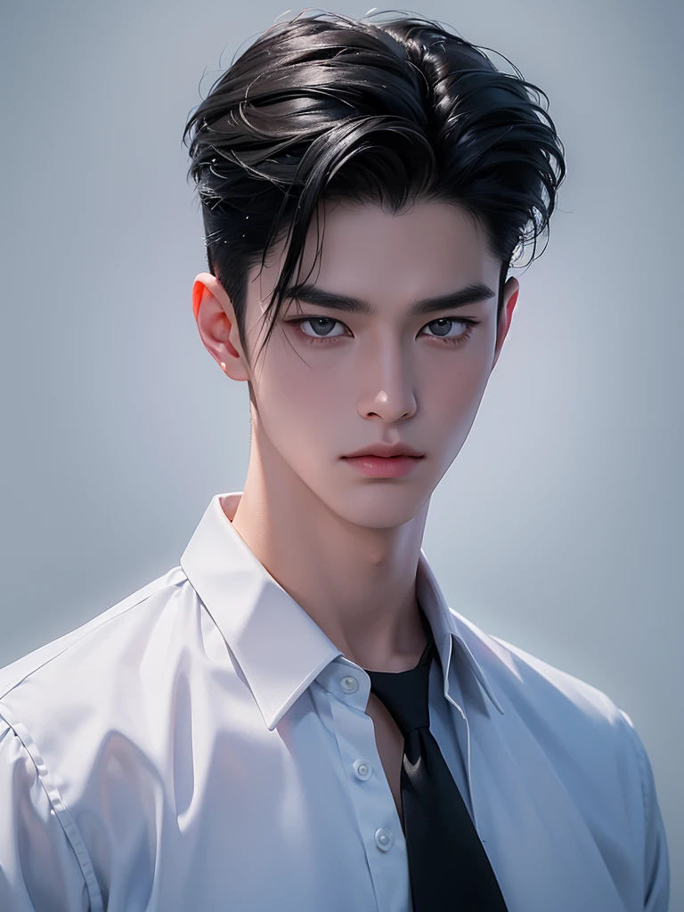 ((best quality, 8K, masterpiece: 1.3)), (sharp focus: 1.2), Korean Men, matchless, black hair, 뱀파이어처럼 엄청 White skin, Temptation, black shirt, black background, White skin, looking down, Asian face, Unpleasant facial expressions