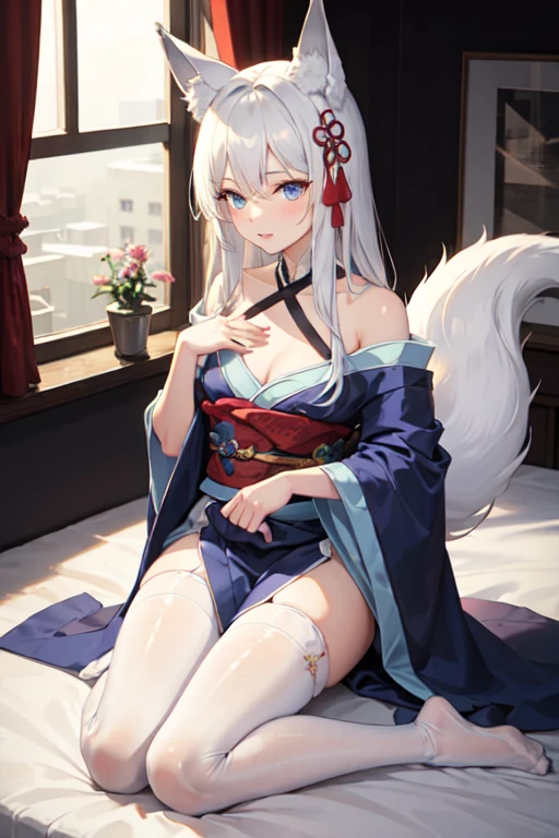 ((best quality)), ((masterpiece)), (detailed), Anime 18-year-old woman with white hair and blue eyes sitting on the bed, Fox tail,Fox ears,long hair ,headgear, Waist ornaments,Anime style 4k, Elegant light blue kimono,Over-the-knee lace white stockings,Off-shoulder, Best anime 4K wallpapers, Anime Art Wallpaper ,Small Breasts,Muscle lines are not obvious,seductive posture,Cocked feet,whole body,Background white