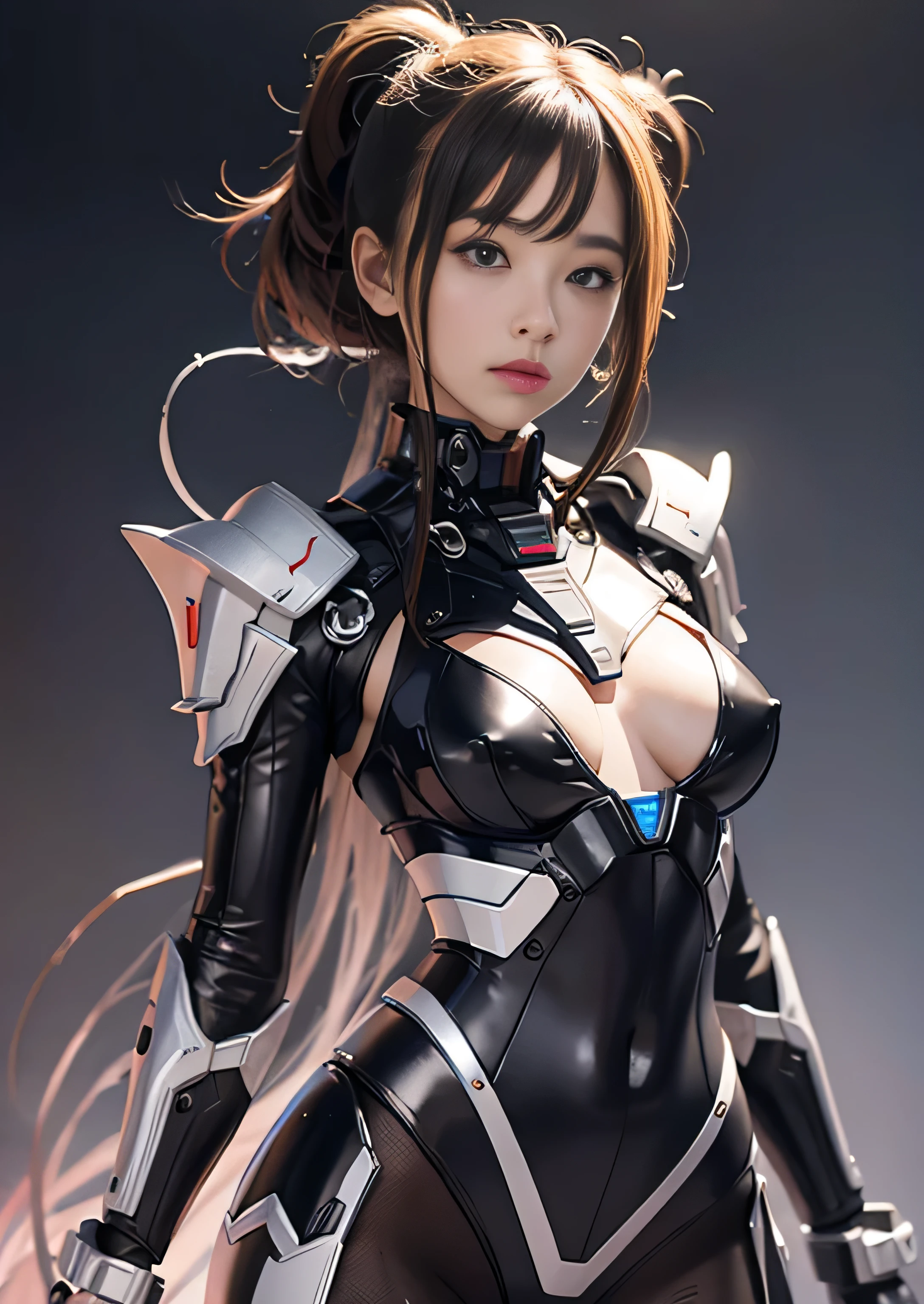 Textured skin, Super detailed, Attention to detail, high quality, 最high quality, High resolution, 1080P, Hard disk, beautiful,(Gundam),Beautiful cyborg woman,largely,She is wearing futuristic shiny metal mecha parts,Bust top covered with mecha, Mechanically protected front groin area, Most of the rawhide is exposed, largely naked, Perfect Proportions, Upper Body Portrait Shot,