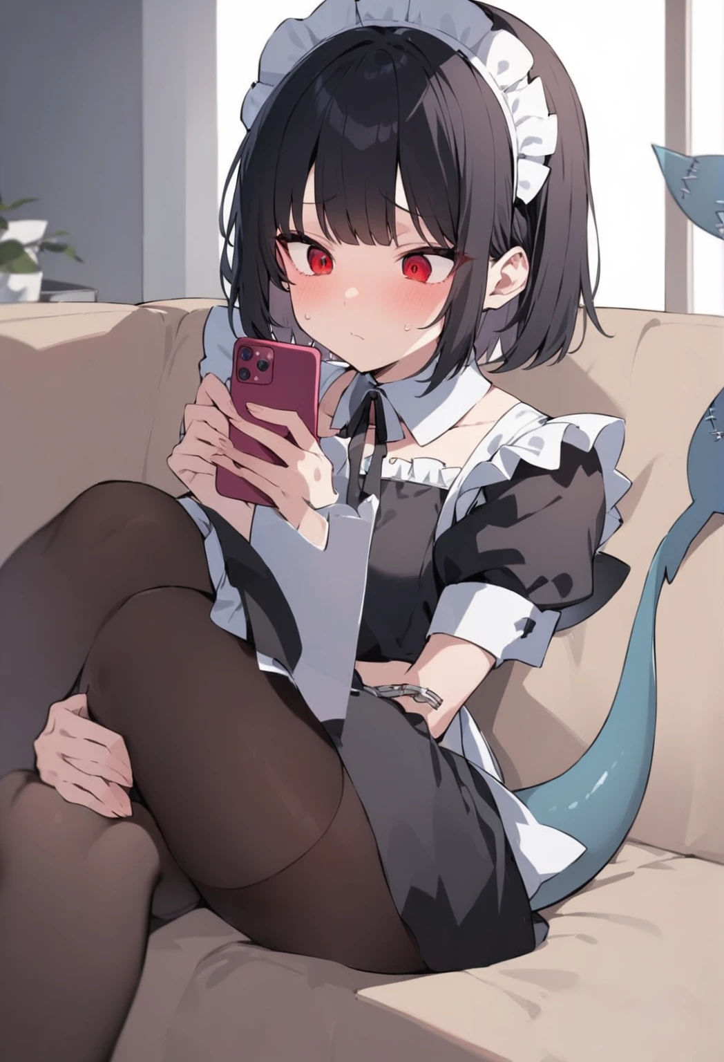 a red-eyed woman with short black hair, wearing a maid uniform, sitting on a living room sofa, holding a phone, cold expression, black stockings, shark tail