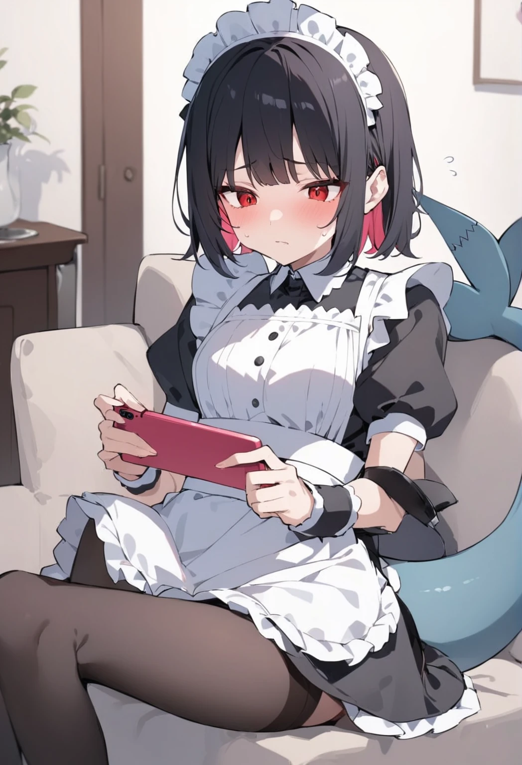 a red-eyed woman with short black hair, wearing a maid uniform, sitting on a living room sofa, holding a phone, cold expression, black stockings, shark tail